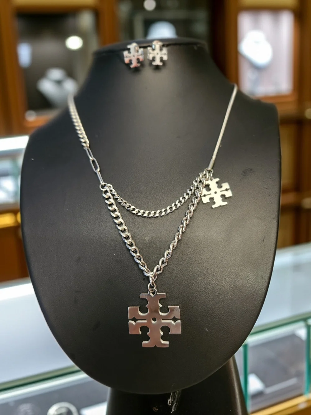 Tory Burch Silver Double-Layer Logo Necklace with Stud Earrings